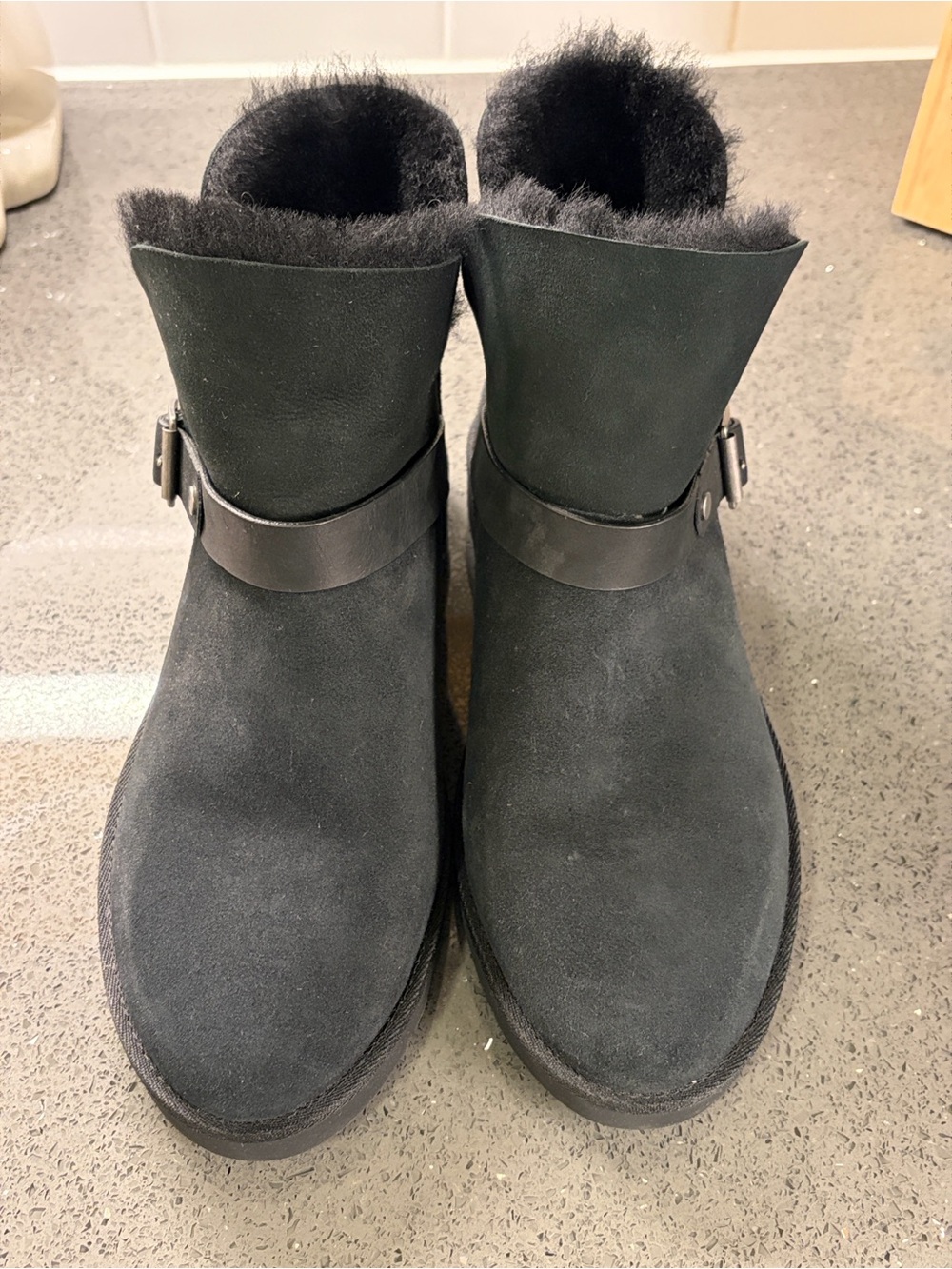 UGG Black Suede Fur-Trim Buckle Ankle Boots
